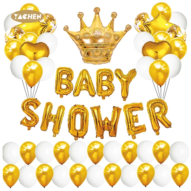 Yachen 50pcs gold white latex aluminum foil bayby shower letter balloons set for baby shower gender reveal party decoration