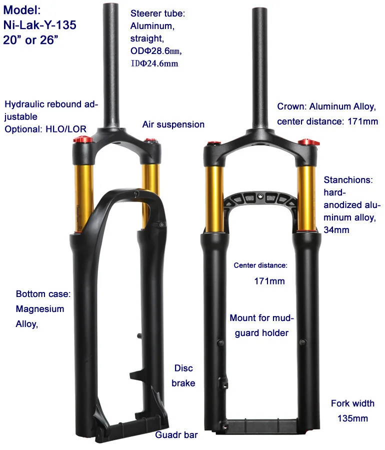 20 24 26 Inch Snow Bike Fork Aluminium Alloy 135*9mm Fat Bike Forks for 4.0\