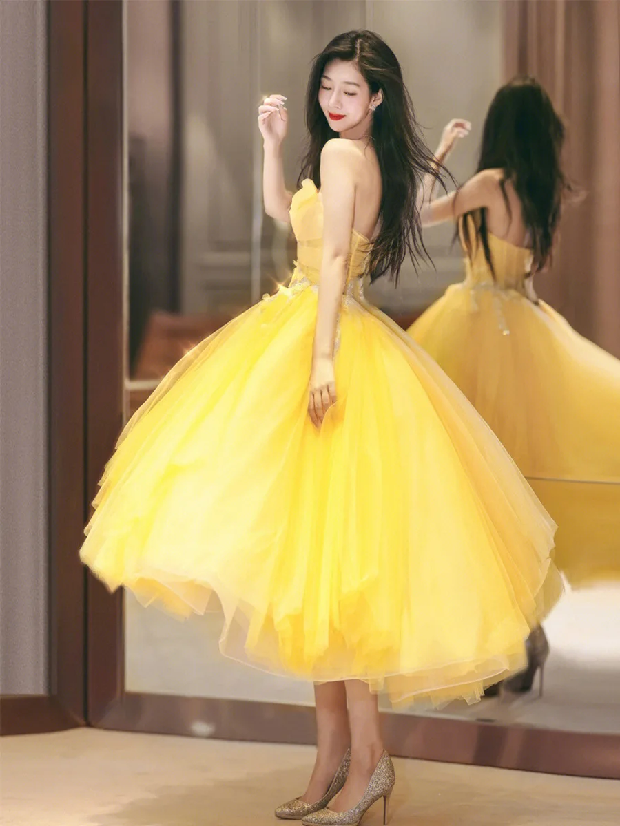 Shop S0559H Yellow Short Bridal Tube Top Tutu Skirt Dress