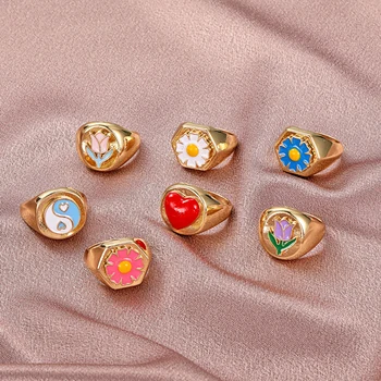 Fashion Stainless Steel Enamel Finger ring Jewelry Women's Exquisite Butterfly Turtle Clover Daisy Tulip Red Heart Yin Yang Ring