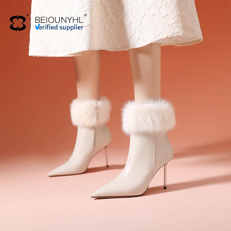 Winter Cusp Women Shoes Rabbit Hair High Heel Genuine Leather Ankle Boots High Quality Sexy White Booties