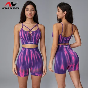 Purple Gradient Colour Sexy Close-Fitting Fitness Clothing Exercise Halter Shorts Yoga Set for Women