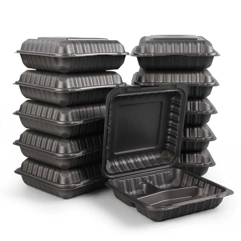 Jumbo 9x9 Black Carry Out Boxes - 9x9 Mineral Filled Food Containers