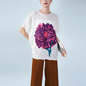 Miyake Women's Pleated Short Sleeve T-Shirt 2025 Summer New Round Neck Print Loose Plus Size Casual Top Floral Pattern Spring