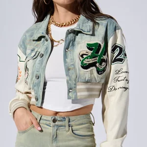 Custom Fashion High Quality Genuine Leather Sleeves Chenille Embroidery Cropped Denim Varsity Jacket for Women