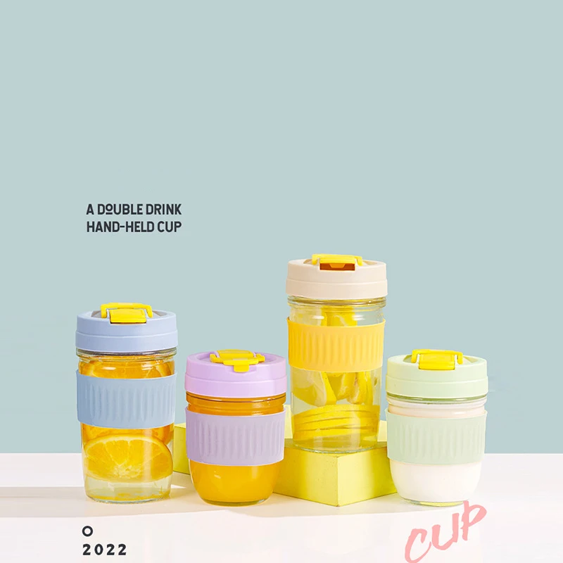DS2244  Glass Food Storage Containers Travel Coffee Tumbler Mug Mason Jars for Overnight Oats Container Travel Cup with Straw