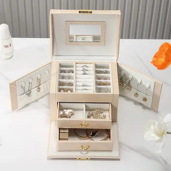 European Korean Style Princess Jewelry Storage Box With Mirror and Lock Drawer Three-layer Leather Pu Makeup Box