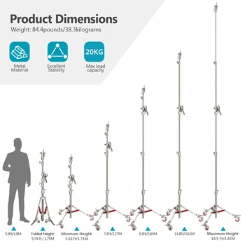 Neewer Pro 100% Stainless Steel C Stand Light Stand with Casters, Max. Height 14.4ft/440cm with 7ft/218cm Cross-Bar detail image