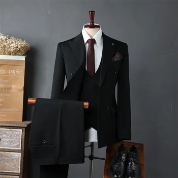 Men's Double-Breasted Groom Blazer Jacket Business Formal Korean Style Wedding Suit Set Men's Suits Blazer 3 Pieces