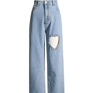2026 Spring New Washed Rhinestones Hollowed-out love Decorated Jeans Fashionable Loose Slimming Straight Leg Pants for Women