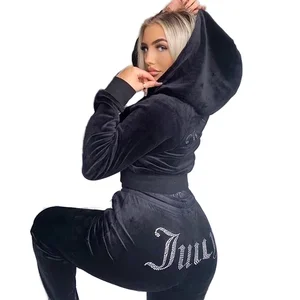 Custom Women's Juicy Velvet Rhinestone Hooded Jogger Set Long Top and Pants Casual Two-Piece Tracksuit for Spring Fall