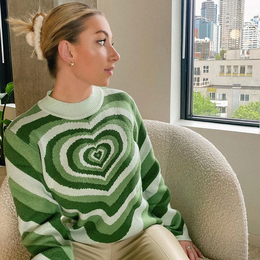 Shop Our Green Pink Blue Heart Striped Turtleneck Sweater