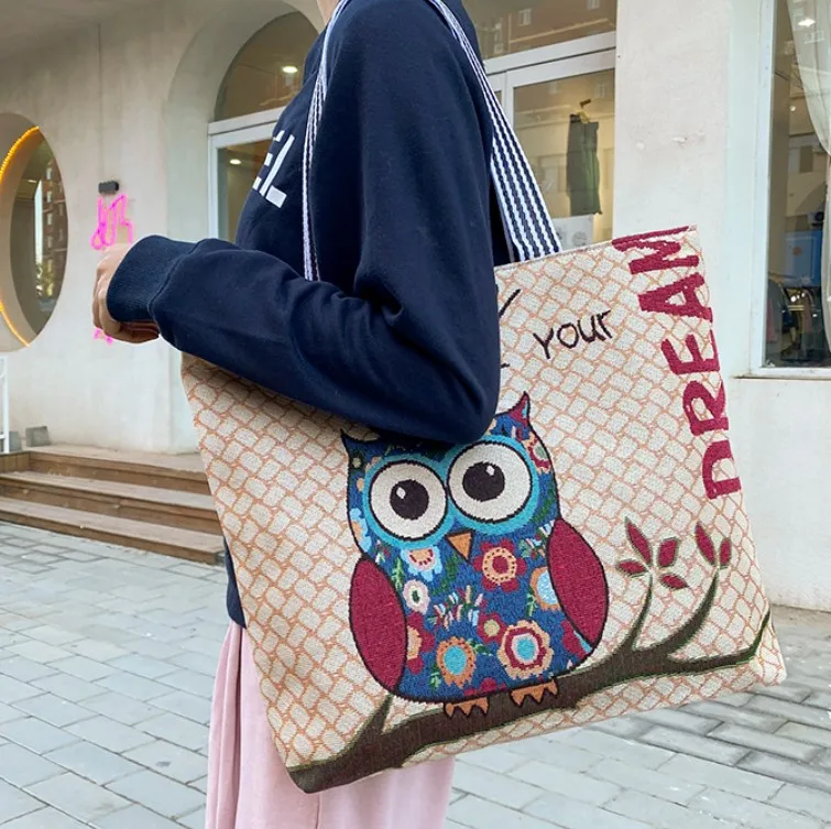  Retro Cute Large Embroidery Owl Canvas Tote Bags for Women  Beach Shoulder Bag Rope Handle Mummy Shopping Handbag (Elephant Pisa Tower)  : Clothing, Shoes & Jewelry