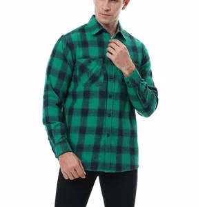 European American Casual Flannel Long Sleeve Shirt for Men Ground Large Plaid Double Pocket Spring Season Anti-Wrinkle Twill