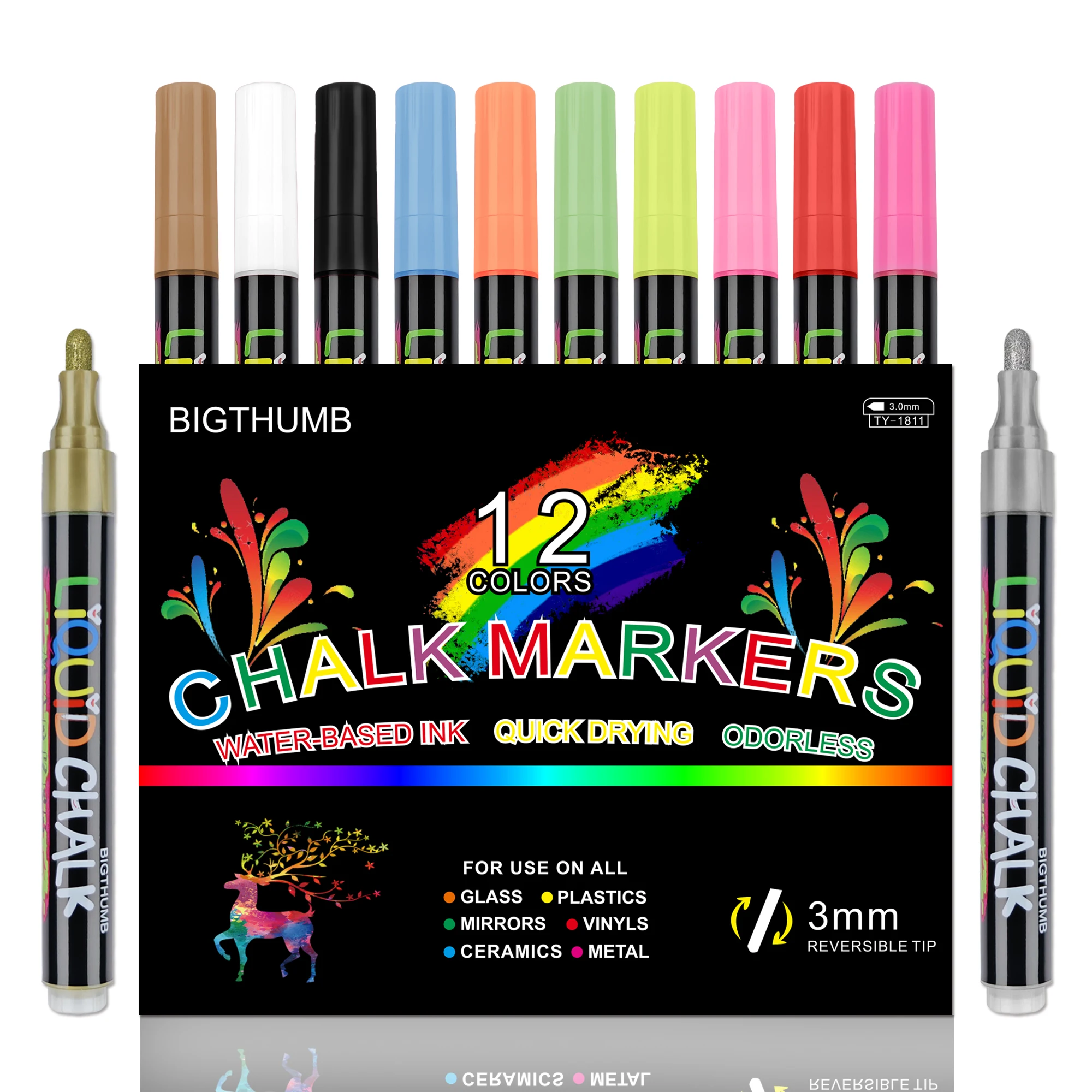 BIGTHUMB Liquid Chalk Markers 12 Vibrant Colors with 3mm