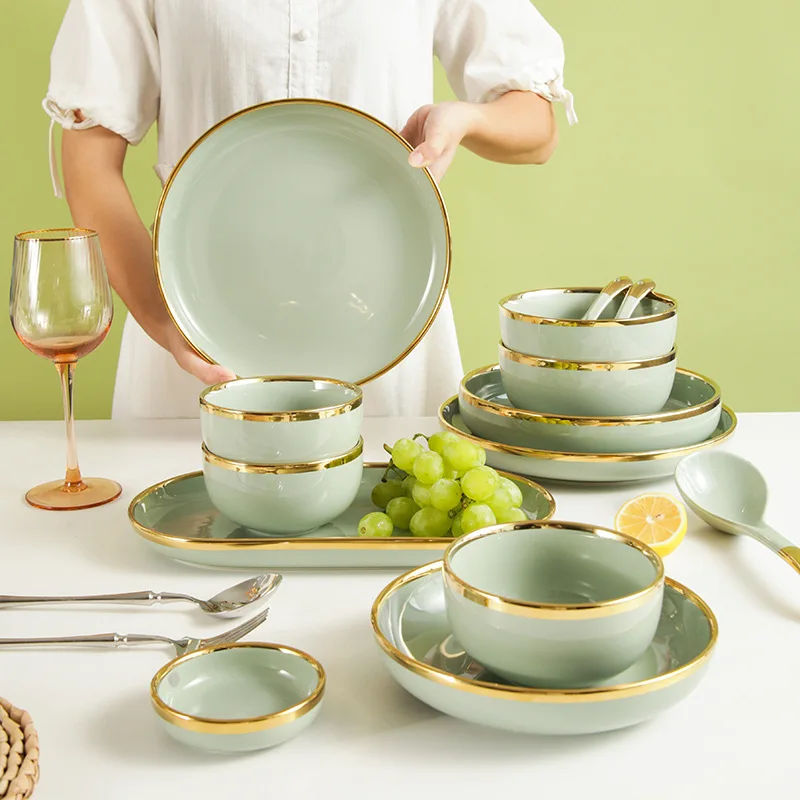 Wholesale Custom Nordic Luxury Gold Rim Matte Green Ceramic Tableware Set  Bowl Plate Saucer Porcelain Dinner Sets