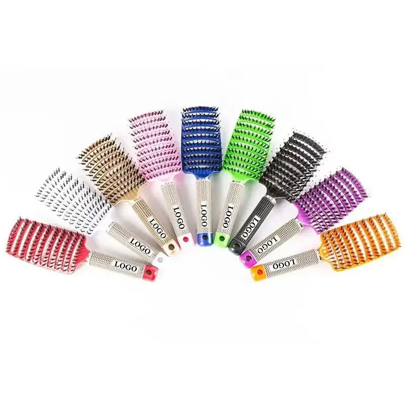 Custom Logo Curved Vented Detangling Hair Brush Scalp Massage Hair Brush Multicolor Nylon Bristles Hair Brush