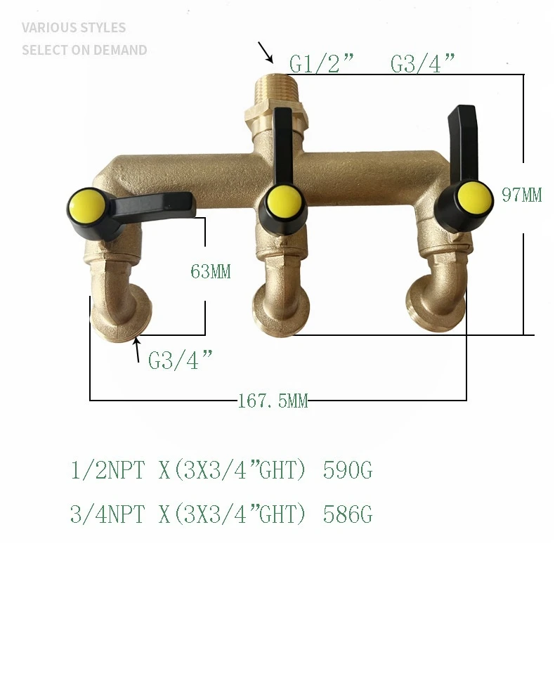 Long-Handle 3-Way Splitter Elbow Faucet Brass Nickel Finish Garden ...