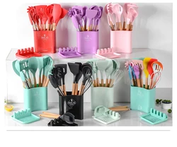 Wholesale 12 Pieces In 1 Set Kitchen Tools Kitchenware Spatula Silicone Cooking Utensils Set With Wooden Handles
