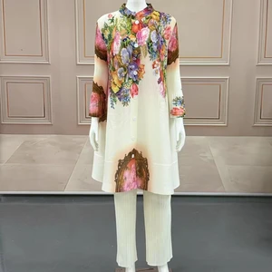 Miyake Pleated Suit - Stylish Printed Buttoned Long-sleeved Top Paired with Pants - Women's Casual Outfit