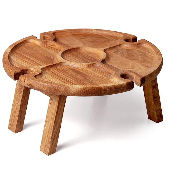 Modern Round Wooden Serving Tray Platter with Wineglass Stand Wood Wine Bottle Glass Holder for Outdoor Parties