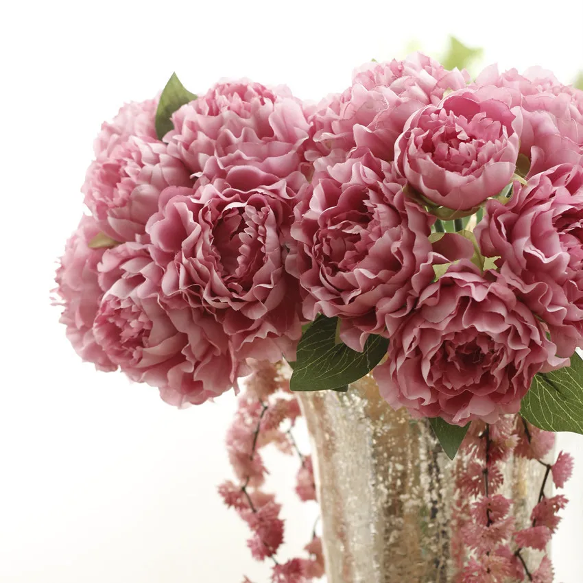 oil painting bouquet silk wedding rose flowers 6 heads peony for