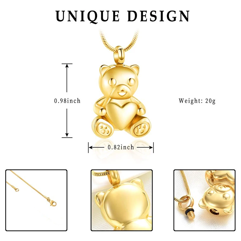 Stainless Steel Teddy Bear Pet Urn Pendant Memorial Ash Keepsake Cremation Jewelry Necklace for Ashes Locket Necklaces