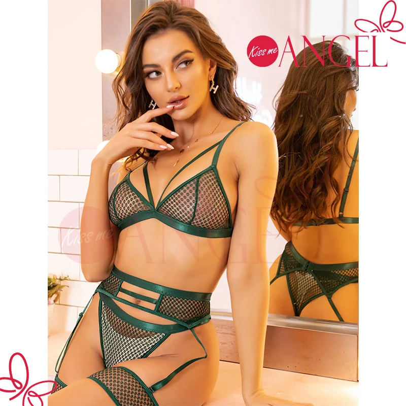 KISS ME ANGEL High Stretchy Seductive Three Point Suit Garter Belt Lingerie Sexy Women Non-Woven Bra Panty Set