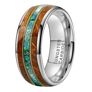 Coolstyle Jewelry 8mm Whisky Wood Guitar String Green Opal Inlay Tungsten Ring for Men Women Fashion Engagement Wedding Band