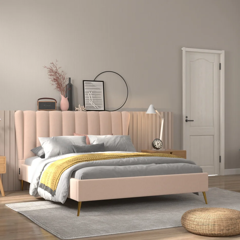 Newest Design High Quality Bed Double Size Plush Velvet Upholstered Bed