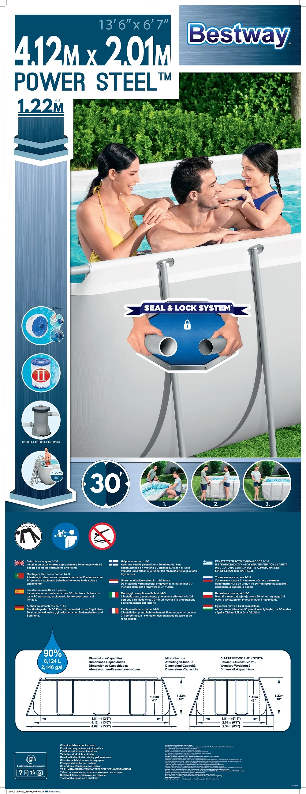 Bestway 56456 Power Steel Rectangular Frame Swimming Pool Set 4.12 M X