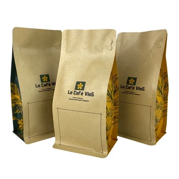 Recyclable stand up pouch flat bottom kraft paper coffee bag with valve