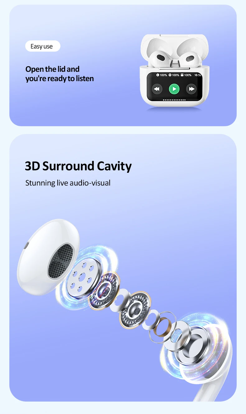 A9 Pro Earbuds Wireless Earphones ANC ENC TWS Earbuds with LCD Smart Touch Screen Waterproof T12 In-Ear Headphones for Gaming