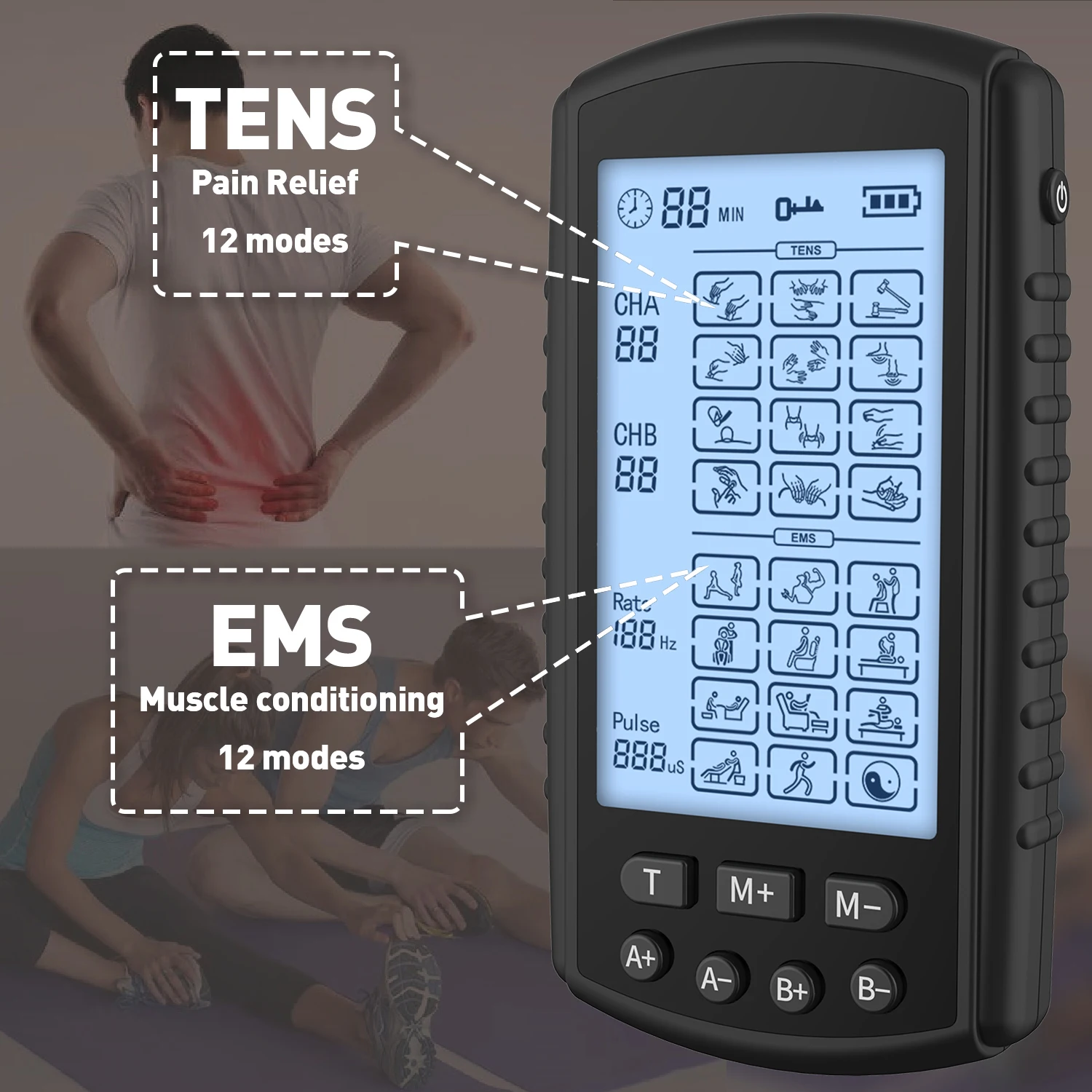 TENS Unit 24 Mode EMS Muscle Stimulator Pulse Massager Rechargeable Pain  Relief