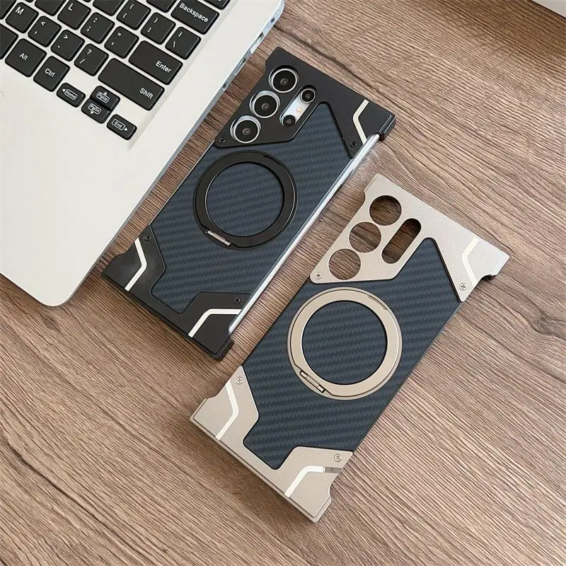 Magnetic Aluminum Metal Frameless Carbon Fiber Back Case for Samsung Galaxy S25 S24 S23 S22 Ultra Built-in 360 Rotating Holder