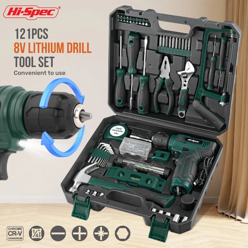 8V USB Cordless Electric Power Drill Driver Tool Kit Set 121pc Including Lithium Drill Mechanical Tool Customizable Hard Case