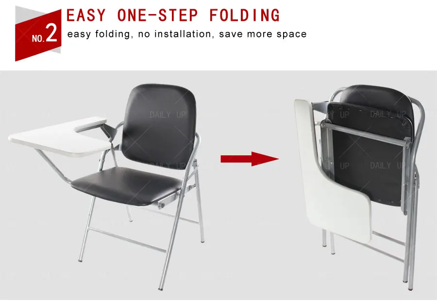 PU Leather padded Seat Folding Chair With Tablet And Book Holder Foldable Office Computer Chair For Meeting Reference Training