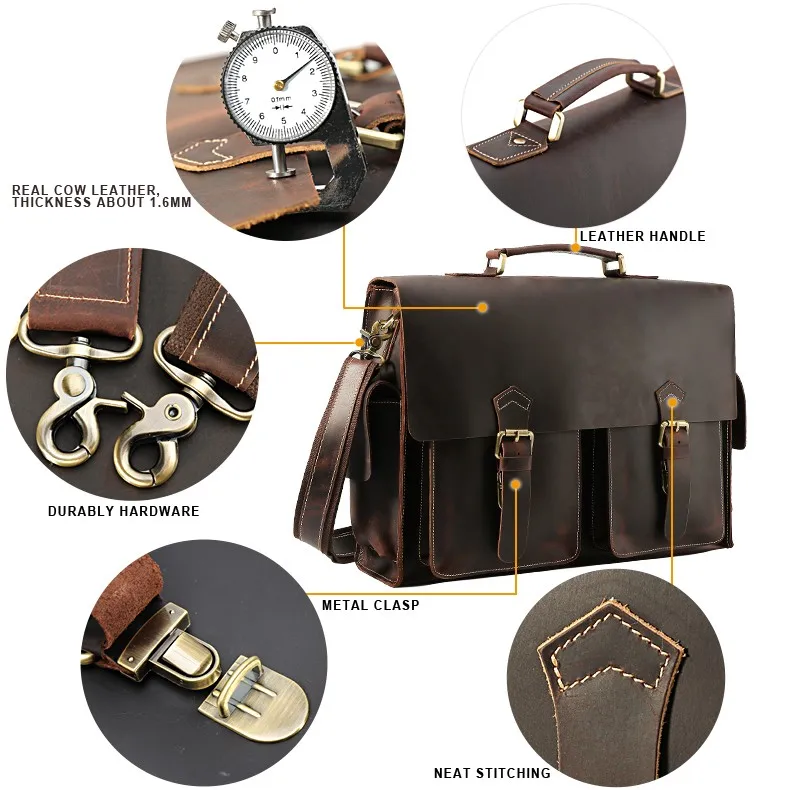 TIDING Retro Vintage Men Large Capacity Genuine Cow Leather 17 Inch Laptop Bag Briefcase