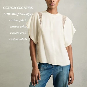 Manufacturer Oem Wholesale Oversized Fit Tshirts Custom Heavay Weight Cotton Women Plain Short Sleeve Lace Insert White t Shirt