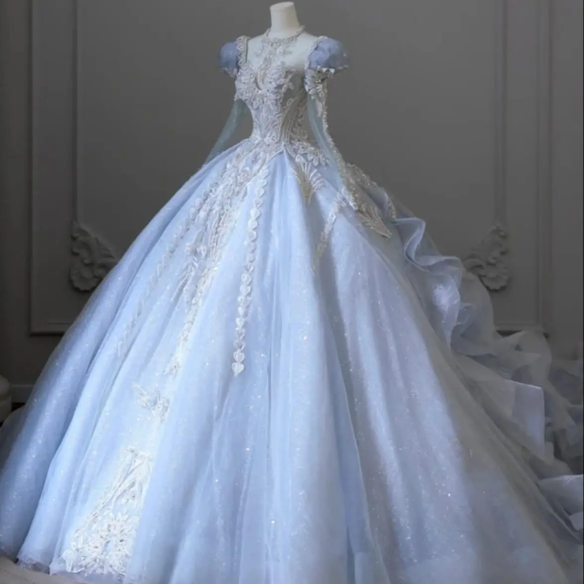2023 Luxury Vintage Wedding Dress Puff Sleeve Light Ice Blue High-neck ...