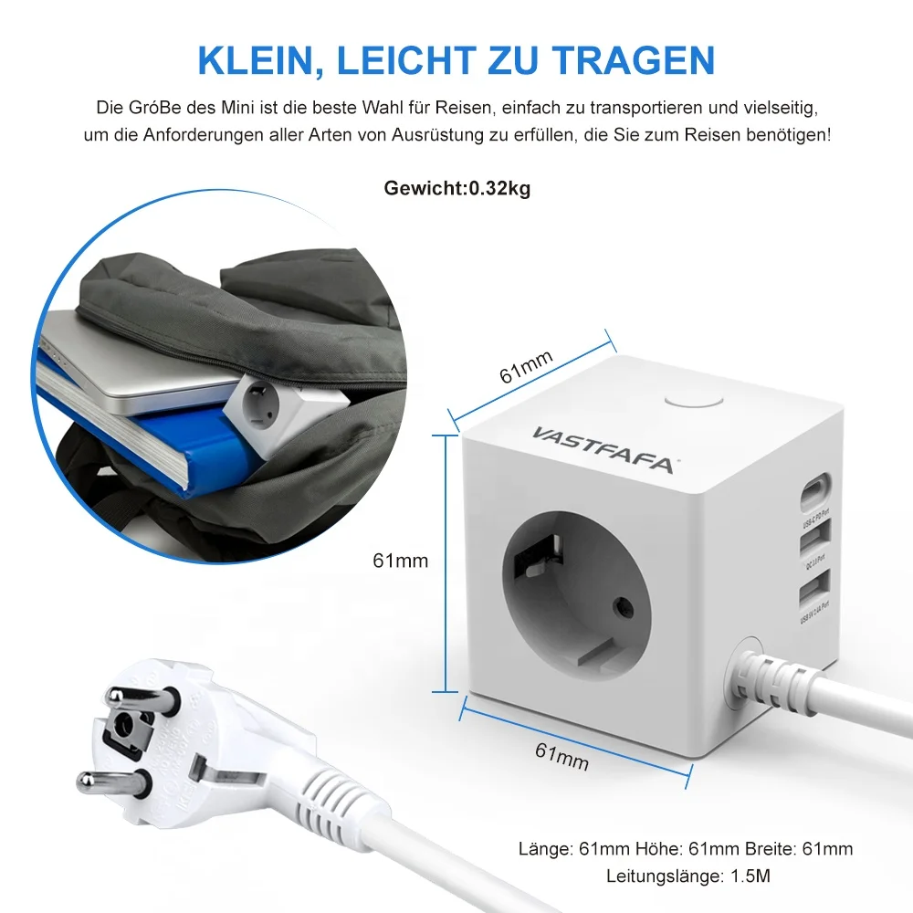 Vastfafa European  Plug USB Power Strip Cube Outlet Surge Protector Extension Socket