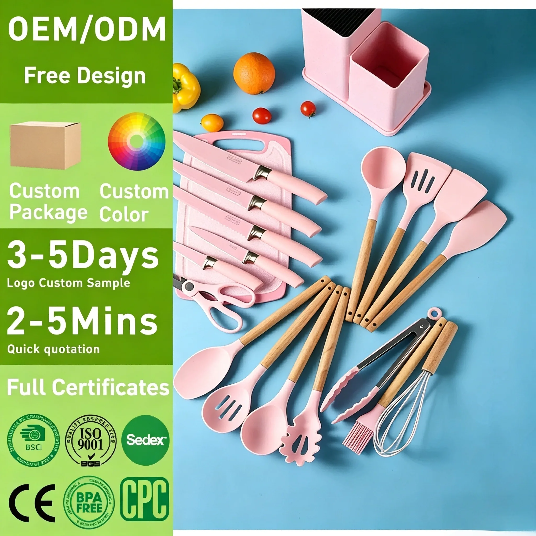 OEM/ODM Kitchen Cooking Tool Gadgets Utensils Set 19 Piece with Holder Cookware Wooden Silicone Kitchen Cooking Utensil Sets