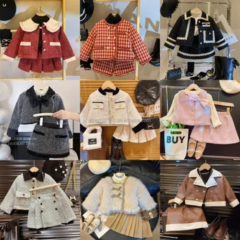 90-140cm Girls' Set Autumn and Winter Children's Fashionable Woolen Sweater Jacket+knitted Top+plush Pleated Leather Skirt Suit