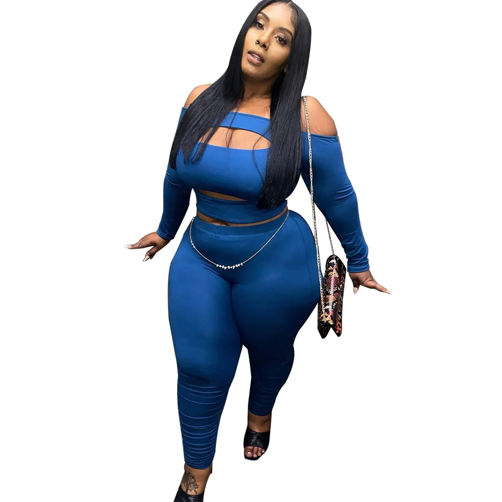 2022 New Solid Color Women Sexy Plus Size Hollow Out Design Top Women Clothing Two Piece Sets 0510