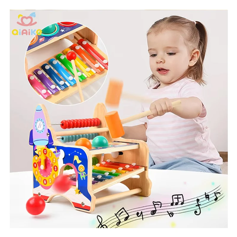 Early Educational Wooden Baby Montessori Toys Toddler Sensory Toy Whack-A-Mole Hammering Pounding Toy with Xylophone