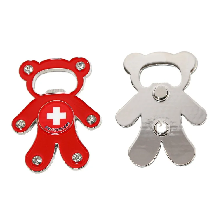 Travelpro Customized Bear-shaped UV Printing Fridge Magnet with Opener Magnet with Diamonds Design Tourist Souvenir Decoration