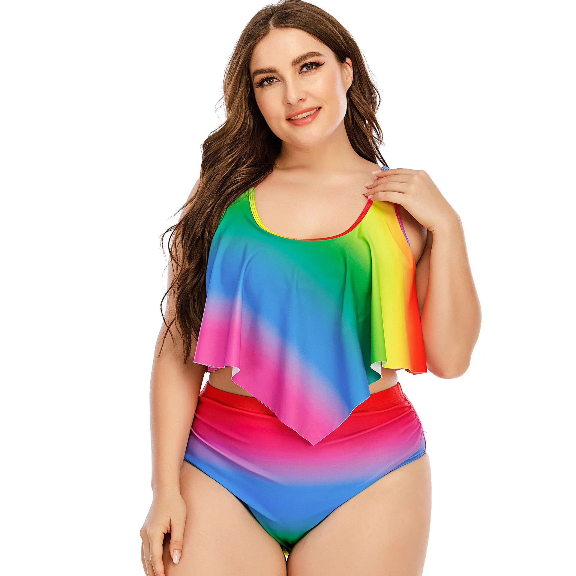2022 European And American Bikini Rainbow Print Split Gradient Color Large Size Ruffled Women Swimsuit Buy Ladies Mature Swimsuit,Large Size One-piece Swimsuit,European And American Fat Swimwear Product on Alibaba.com
