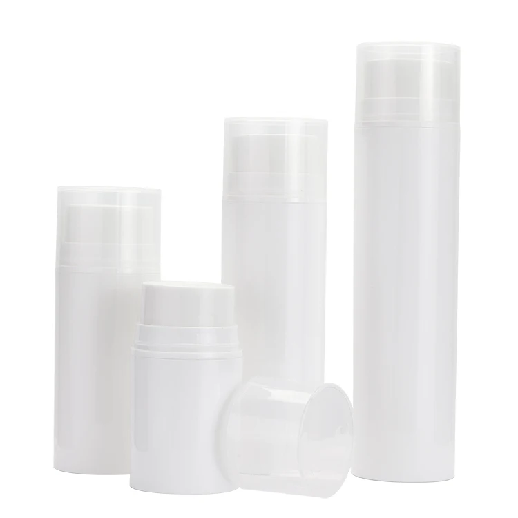 زجاجة مضخة بلاستيكية PP أسطوانية بيضاء للغسول مع غطاء غطاء شفاف 50 مل 100 مل 150 مل 200 مل