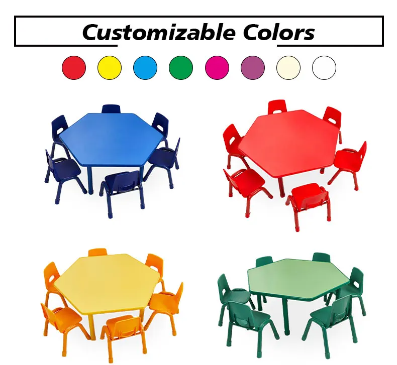 Durable Hexagon Plastic Tables Chair Set Ergonomic Nursery School Desks for Kindergarten Multi-Color Wood Furniture for Kids