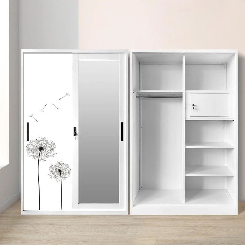 Steel Sliding Wardrobe with Full-Length Mirror and Patterned Door Panels